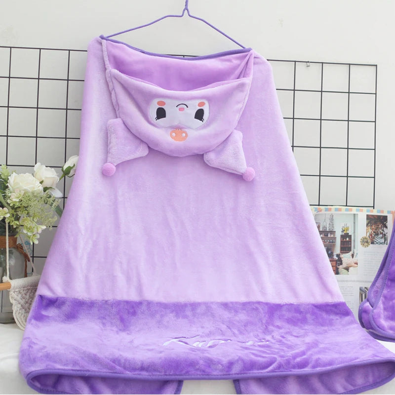 High Quality Kuromi Hooded Cloak Warm Flannel Blanket With Hat Japanese Style Comfortable Nap Blanket For Girl Xmas Gifts