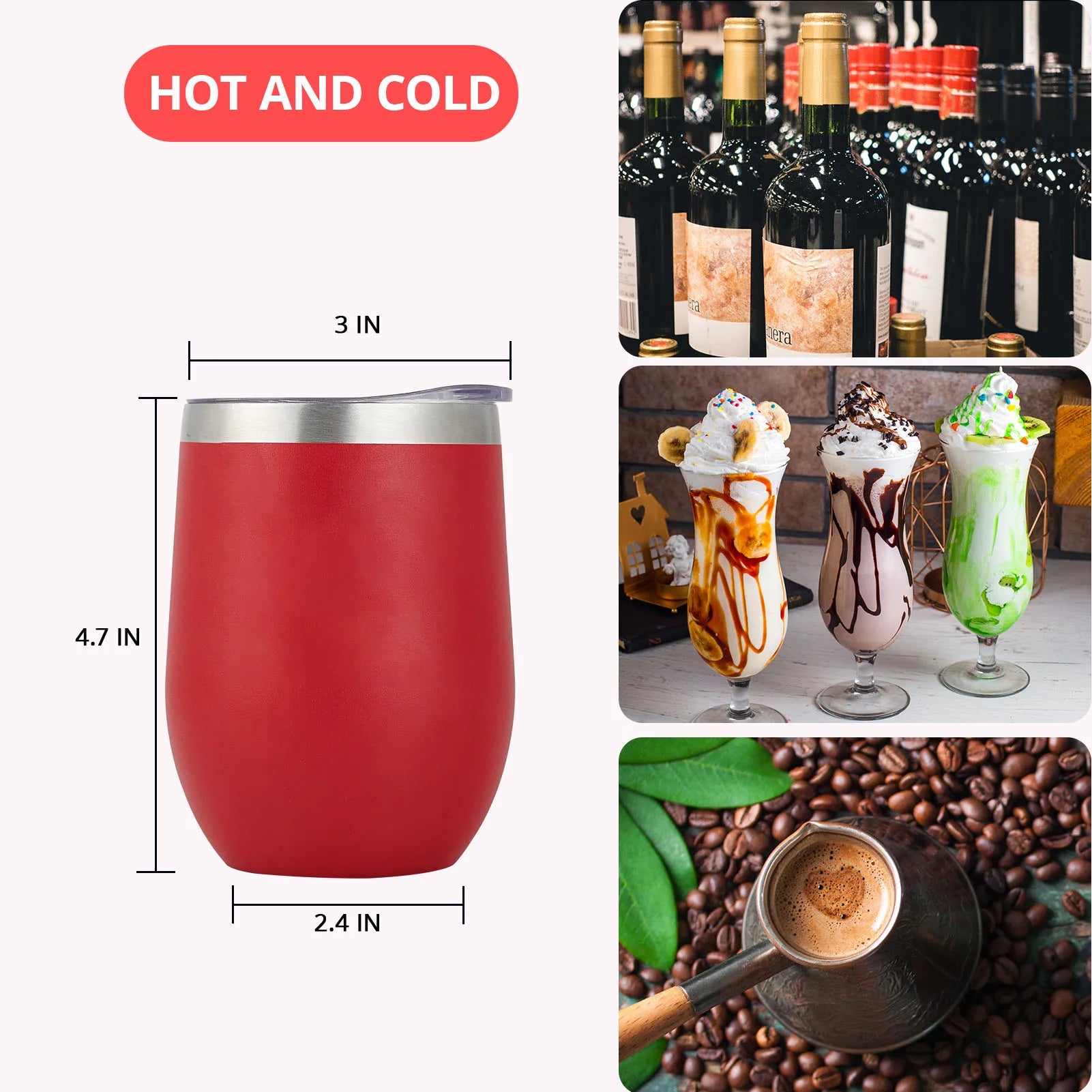 Stainless Steel Wine Tumblers, 12Oz Insulated Wine Tumbler, Stainless Steel Stemless Wine Cups with Lids for Coffee, Wine