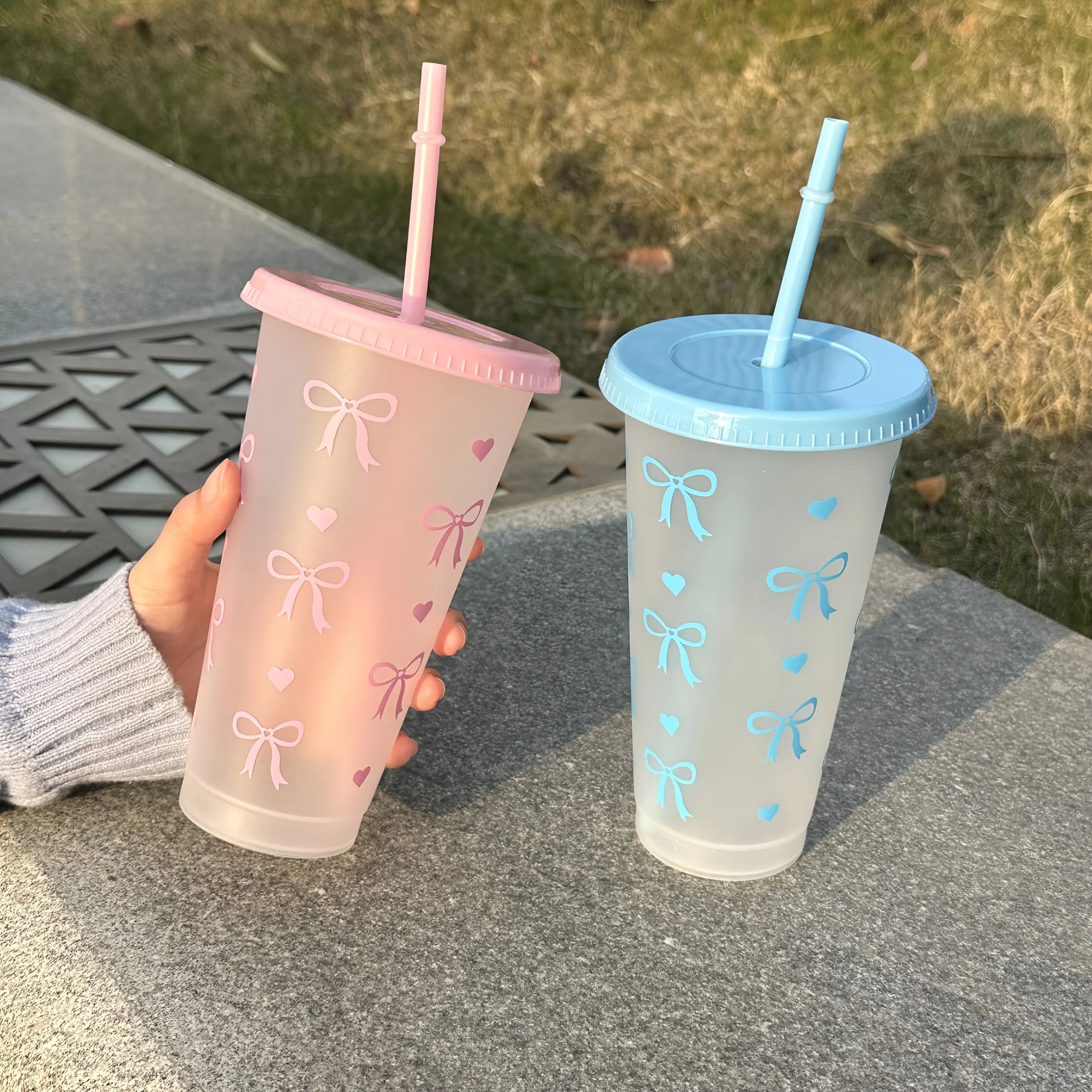 1/2/5pcs Kawaii Bow Reusable Party Cups with Straw & Lid Coffee Juice Tea Cute Tumbler With Straw Plastic Cups Summer Gifts