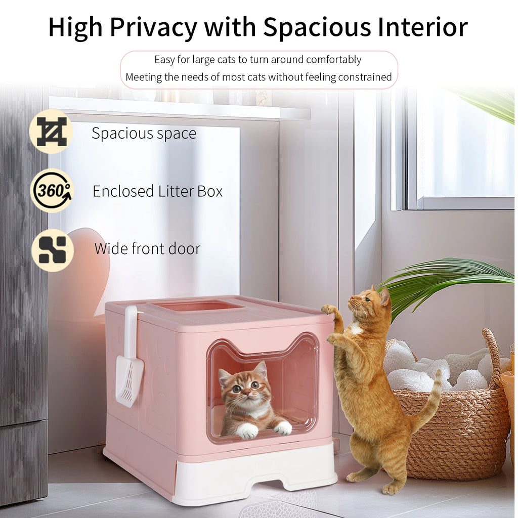 Large Enclosed Cat Litter Box Self-Cleaning No Smell Pet Kitty Toilet Box with Scoop & Tray Foldable