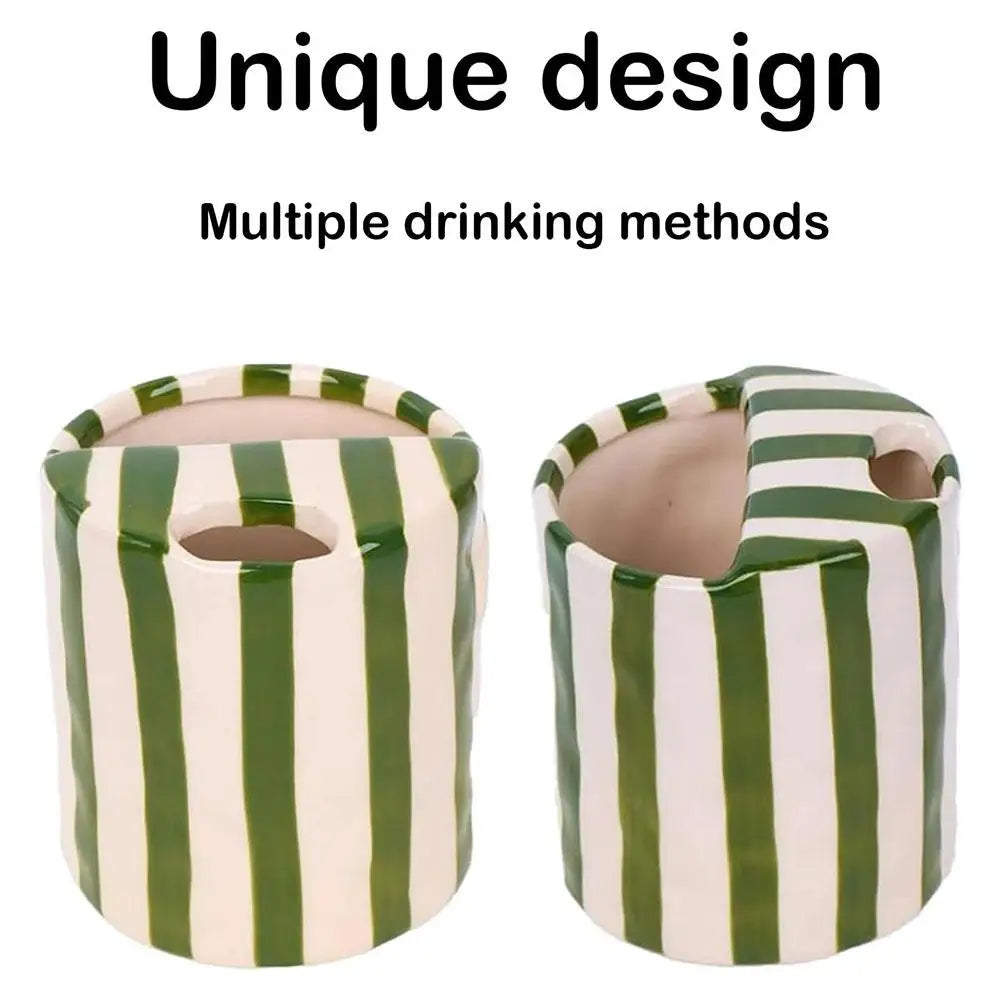 Vintage Striped Ceramic Mug Creative Double Spout Sharing Couple Cup For Coffee & Tea, Office Breakfast Cup