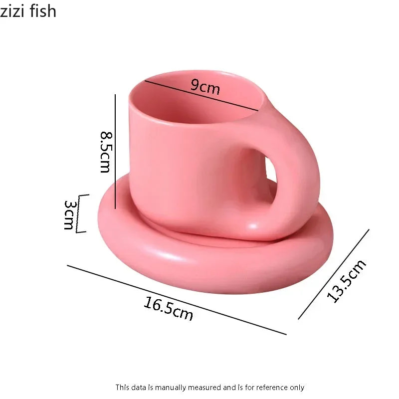 Solid Color Ceramic Mug Dish Set Creative Handle Coffee Mug Home Breakfast Cup Beverage Cup Milk Cup High Beauty Couple Cups
