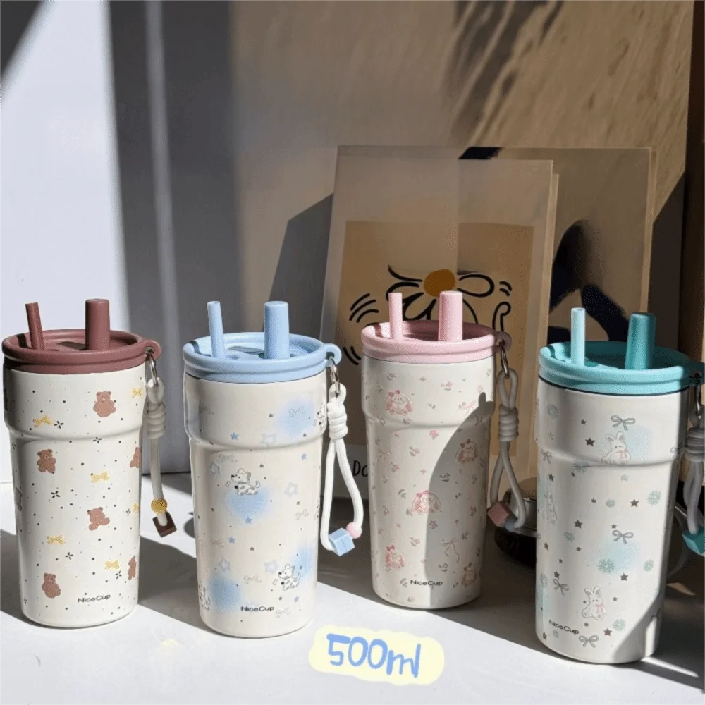 High Appearance 500 Vacuum Cup Large Capacity With Lifting Rope Insulated Cup Leak-proof Double Drink Suction Tube Cup Drinkware