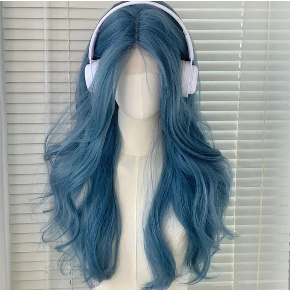 22Inch Sea Blue Color Synthetic Wigs Middle Part Long Natural Wavy Hair Wig For Women Cosplay Drag Queen Party Heat Resistant