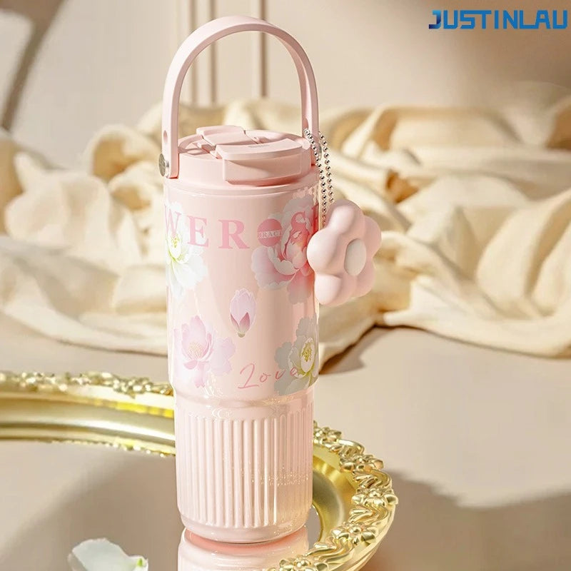 JUSTINLAU High Appearance Portable Straw Cup for Girls, Large Capacity Stainless Steel Insulated Cup Ice King Handheld Water Cup