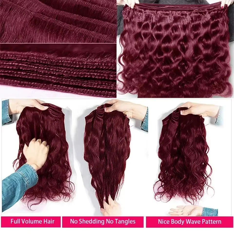 30 40 Inch 99j Body Wave Bundles Human Hair Burgundy 3 4 Bundles Raw Hair 100% Unprocessed Raw Hair Real  Human Hair Extensions