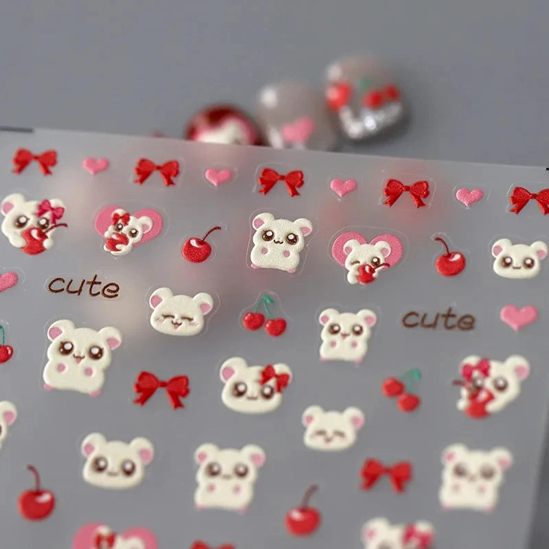 5D Embossed Reliefs Self Adhesive Nail Art Stickers Cute 3D Manicure Decals Wholesale Lovely Cartoon Red Cherry Bowknot Hamster