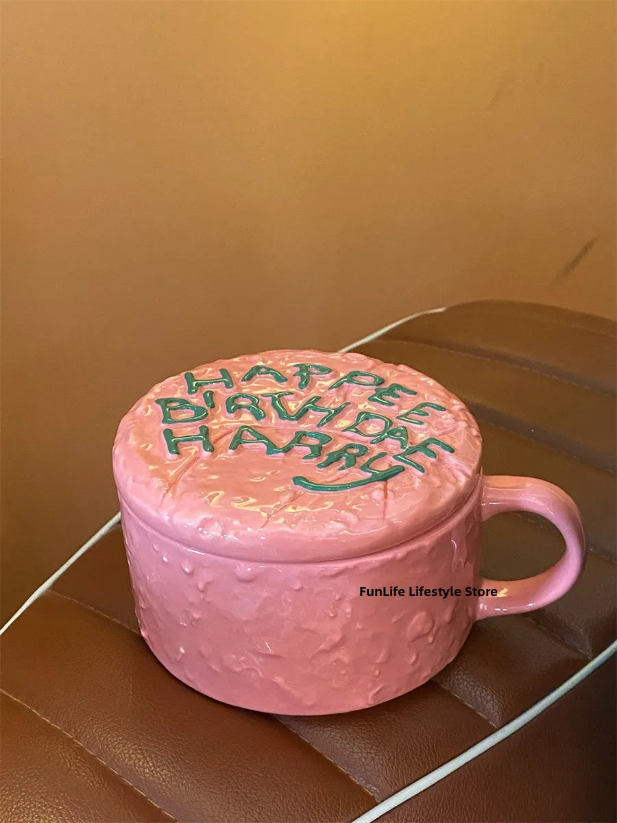 Adorable Pink Happy Birthday Ceramic Mug FunLife Coffee Cup Breakfast Mug Korean Style Universal Design 350ml Capacity