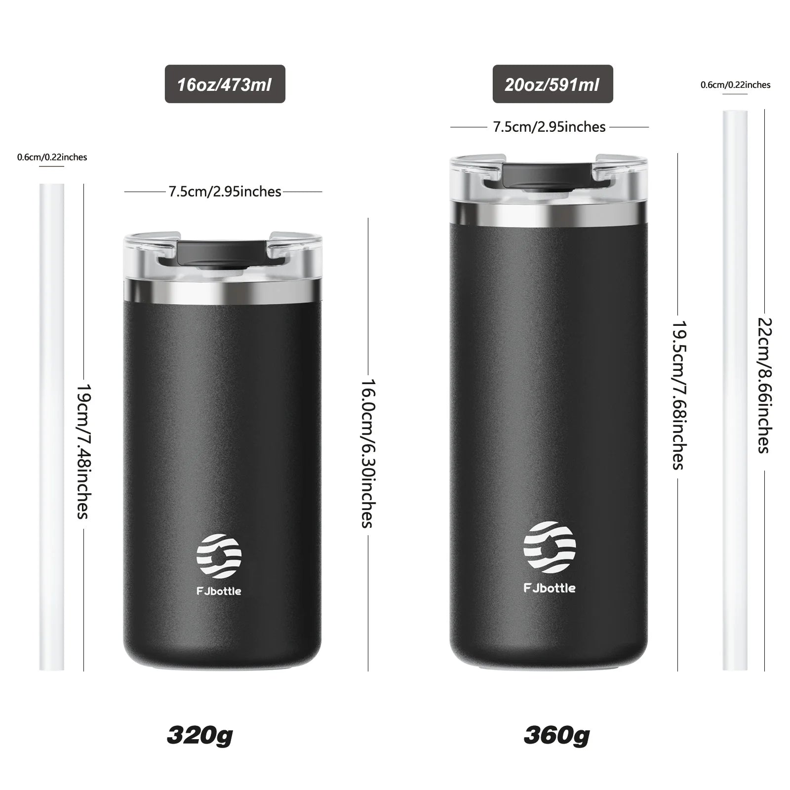FEIJIAN-Stainless Steel Coffee Tumbler, Thermos Cup, Portable Travel Mug, Coffee Cup with Straw, 16 oz, 20oz