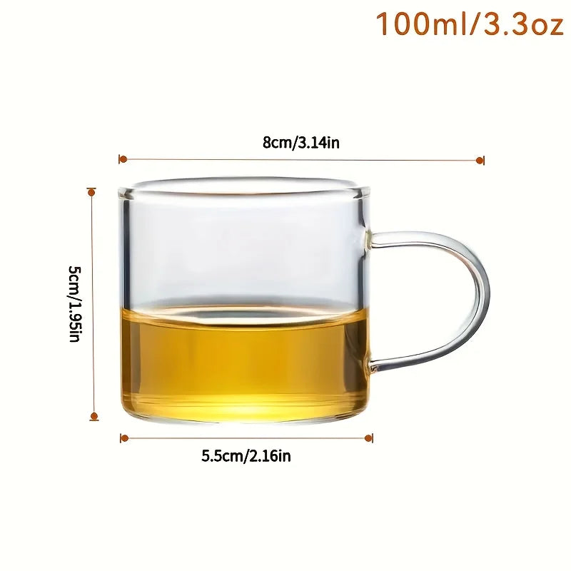 6-Piece Set, 100Ml-Mini Glass Water Cups, Glass Coffee Cups, Transparent Glass Cups with Handles, Kitchen Table Wine Glasses, Glassware Set, Suitable for Home Dining Tables, Coffee, Milk, Tea Cups, Flat-Bottomed Wine Glasses