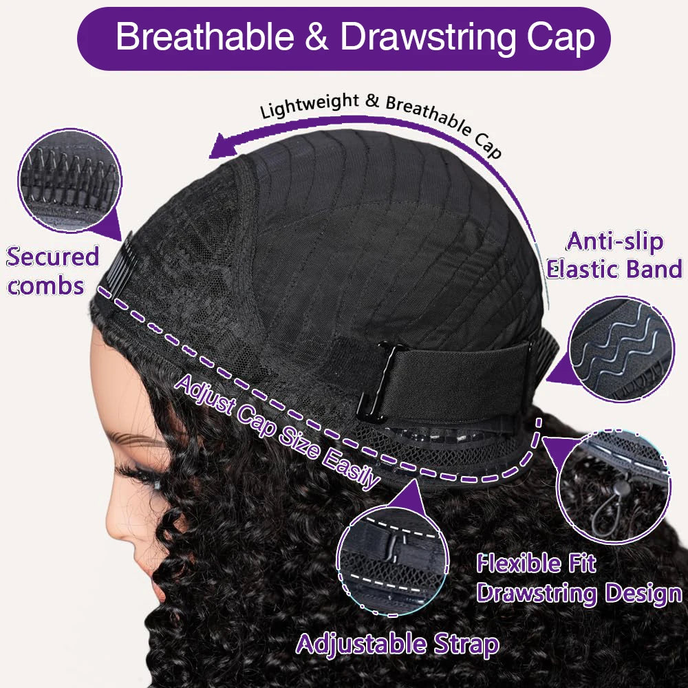 Half curly Wig with Adjustable Drawstring Wig Cap 26 28 inches Wig 200 Density Afro Kinky Curly Natural Black 3 In 1 Hair wigs