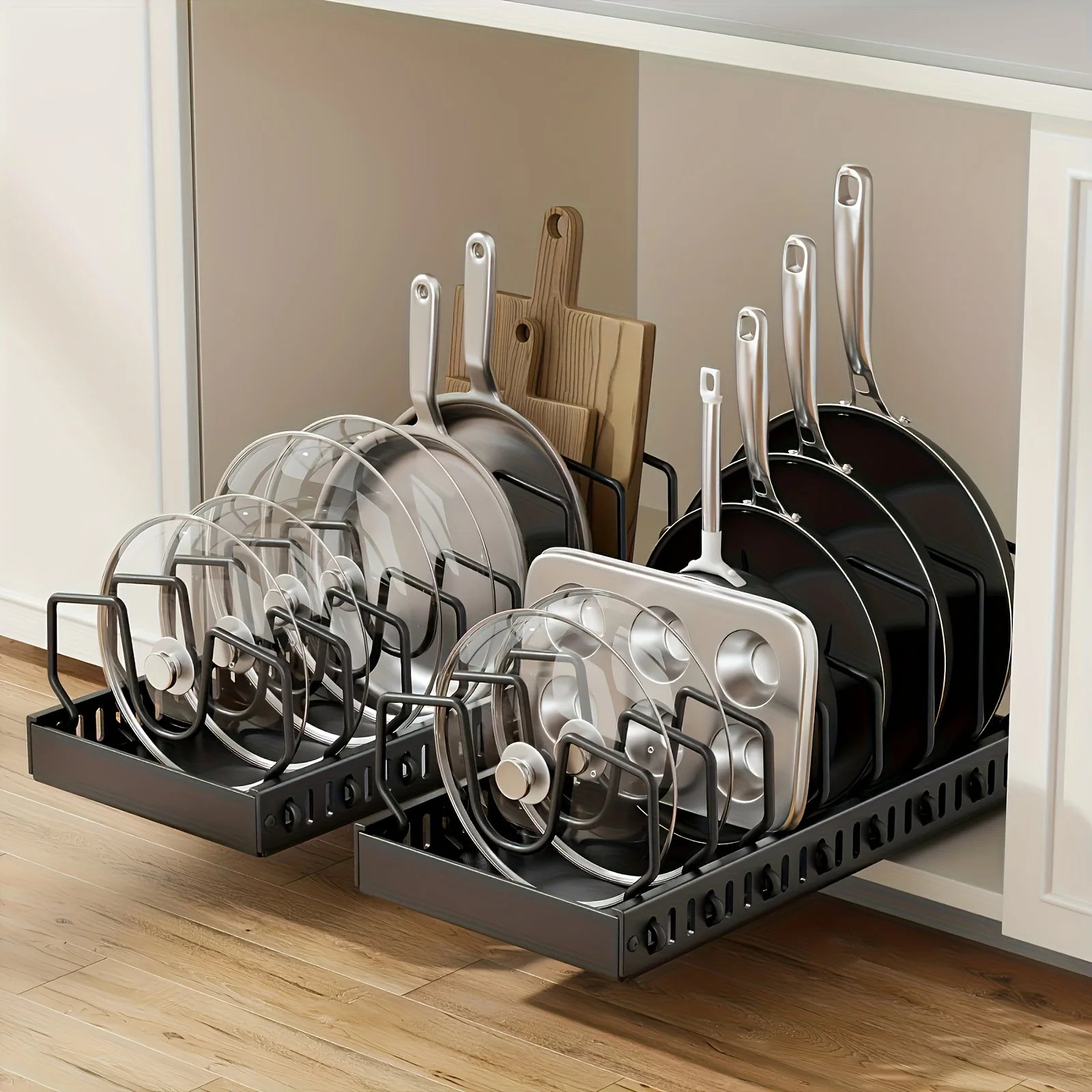 1pc Under-Cabinet Sliding Pull-Out Lid Organizer - with 8 Adjustable Dividers