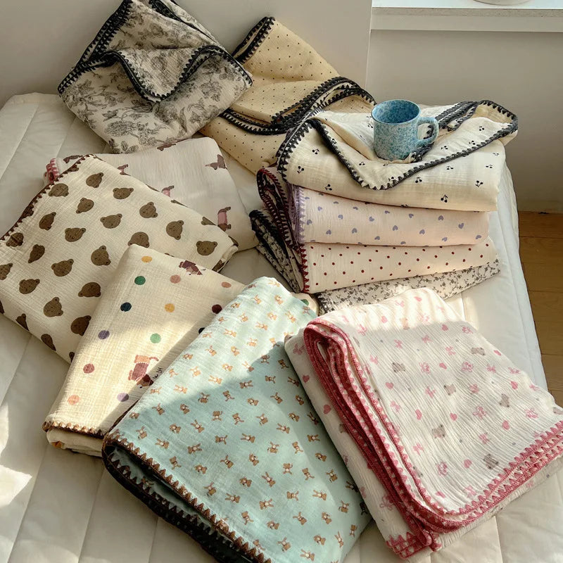 Korean Pure Cotton Multi-Purpose Blanket Cartoon Casual Shawl for Travel Airplane Kids Adults Air Conditioning Blanket for Home