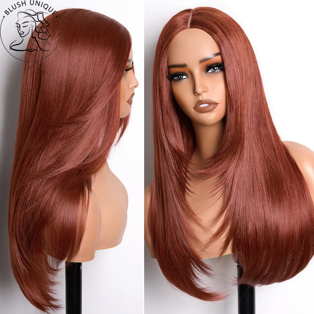 Copper Red Layered Cut Lace Front Wigs Reddish Brown Straight Lace Frontal Wig Layered Glueless Wigs Synthetic Butterfly Haircut