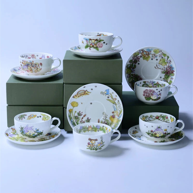 Bone China Dinner Plate Anime Cup and Saucer Set Coffee Mug Cute Cartoon Pattern Ceramic 9.5 Inch Dish Household Tableware Gift