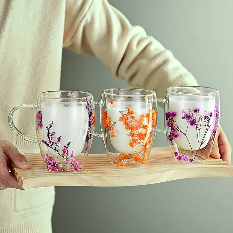 1PC INS Trends High Borosilicate Glass Tea Coffee Cup Floral Dry Flowers Cup Simple Heat Resistant Double Wall Glass Cup