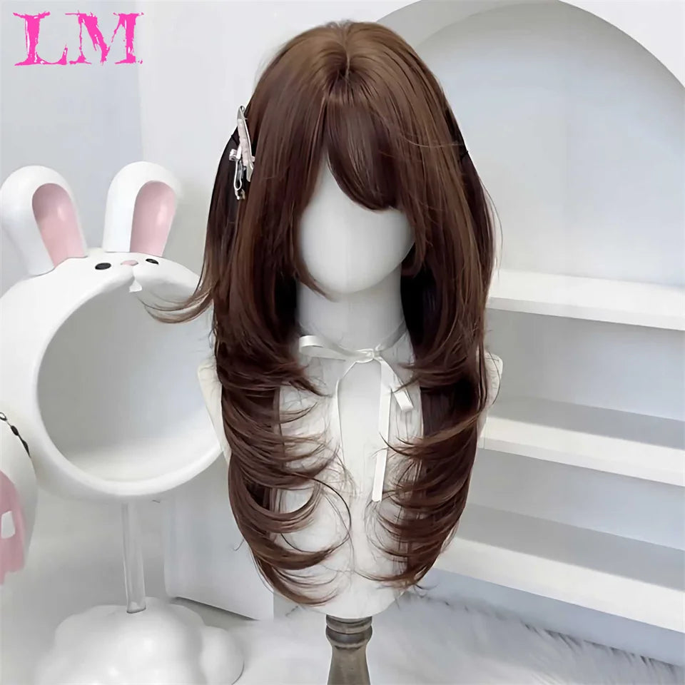 LM Blonde Synthetic Ombre Mixed Pink Blond Long Wavy Wigs with Bangs Cosplay Party UseHeat Resistant Fiber for Women