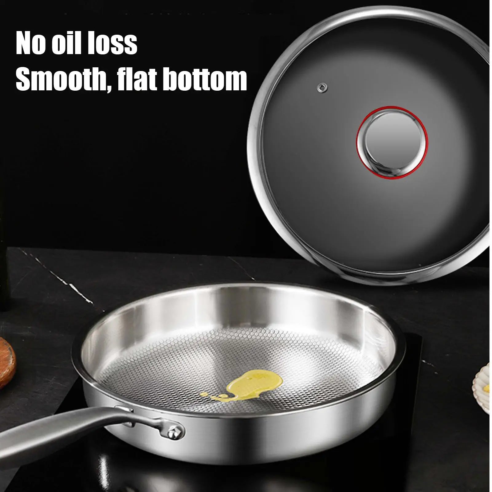 Titanium Frying Pan with Glass Lid Non-stick Even-Heating Skillet Uncoated Stainless Steel Woks Pan Kitchen Cookware 26/28/30cm