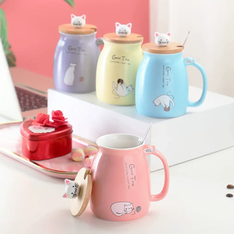 Creative color cat heat-resistant Mug cartoon with lid 380ml cup kitten coffee ceramic mugs children cup office Drinkware gift