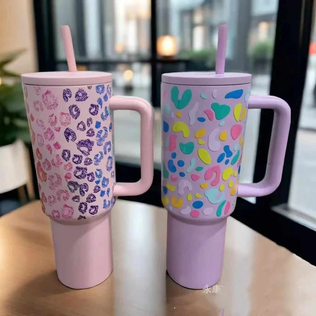 Leopard Print Fashionable Spicy Girl Thermos Cup with Large Capacity and Handle Water Cups Car Portable Thermos Cup Fashion Item