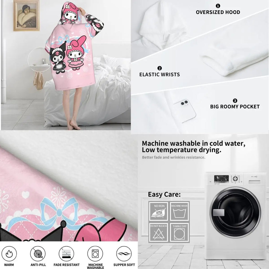 My Melody And Kuromi Blanket Hoodie Wearable Cute Cartoon Blanket Large with Pocket Warm Sleeping Bag Soft Cozy Onesie