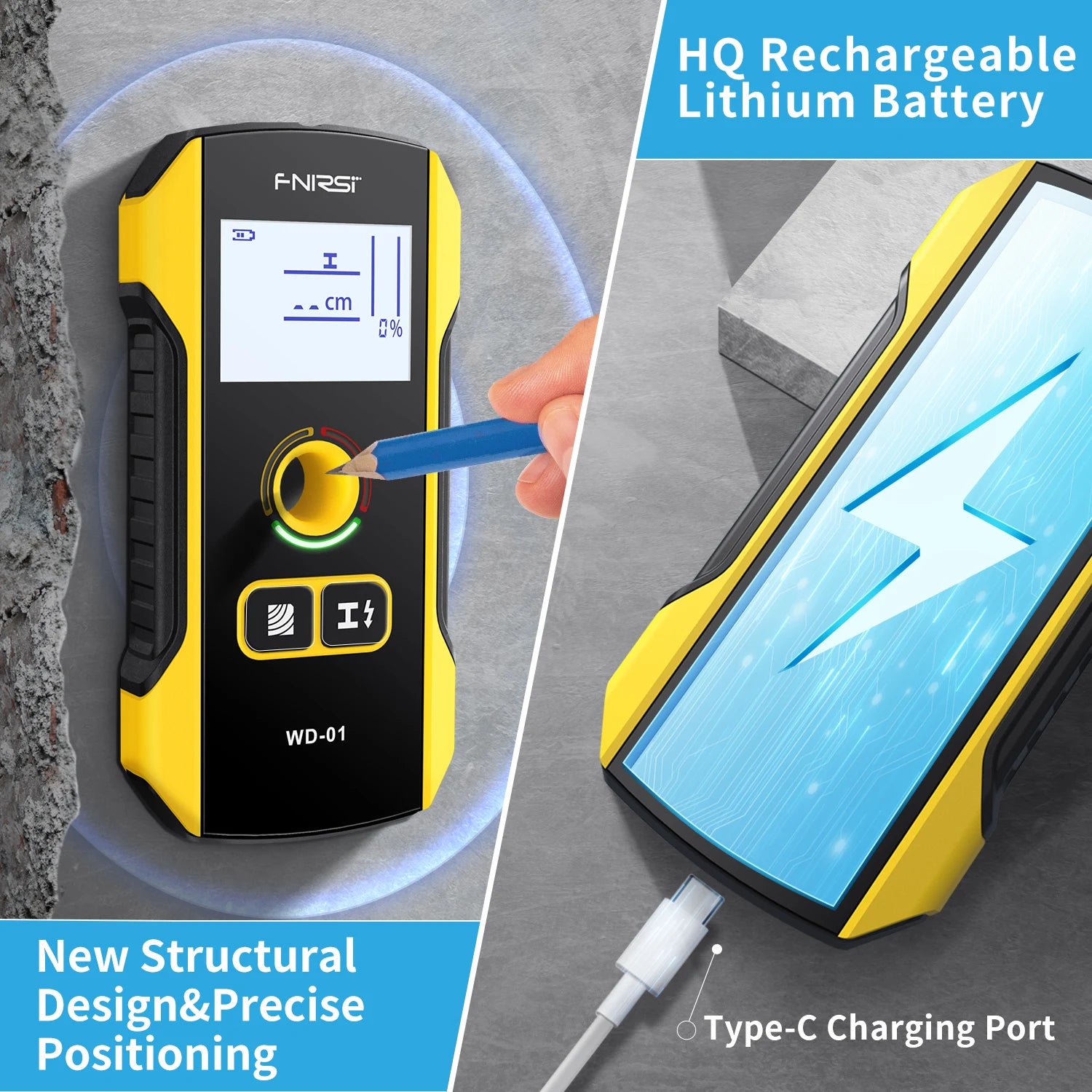 FNIRSI WD-01 WD-02 Metal Detector Wall Scanner with Newly Designed Positioning Hole for AC Live Cable Wires Metal Wood Stud Find