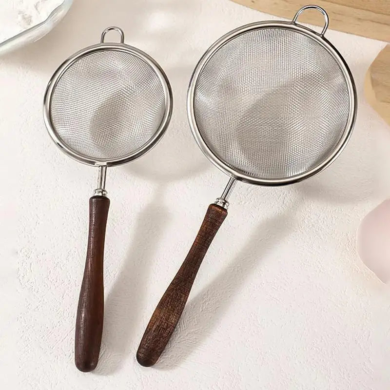 304 Stainless Steel Mesh Strainer Filter Spoon with Wooden Handle for Filtering Juices Residues Flour Fried Food Kitchen Tool