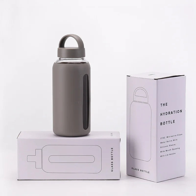 600ml,800ML Single-layer Glass Water Bottle With Silicone Sleeve,Anti-hot Heat Insulation,Scale,Large Capacity,Handy Cup,Mug