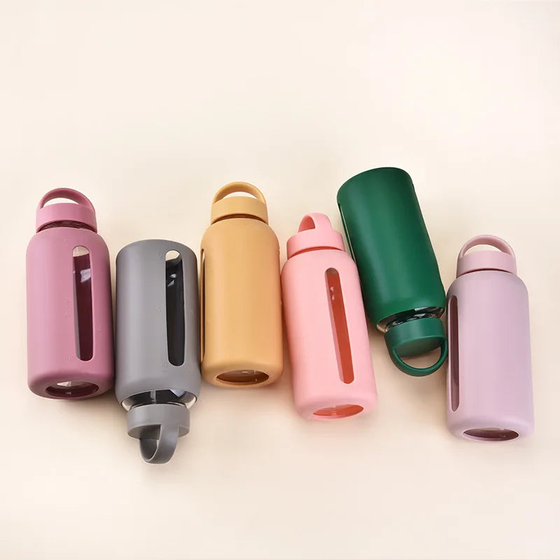 600ml,800ML Single-layer Glass Water Bottle With Silicone Sleeve,Anti-hot Heat Insulation,Scale,Large Capacity,Handy Cup,Mug