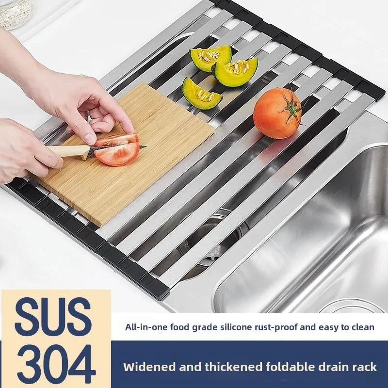 Kitchen sink drain rack 304 stainless steel collapsible dish filter roller curtain sink drain basket storage rack