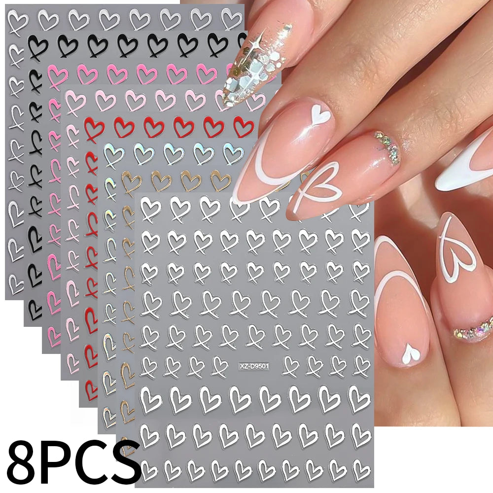 8pcs 3D Valentine's Day French Lines Love Nail Art Stickers Sweet Love-Heart Nail Decals DIY Self-Adhesive Slider Manicure Decor