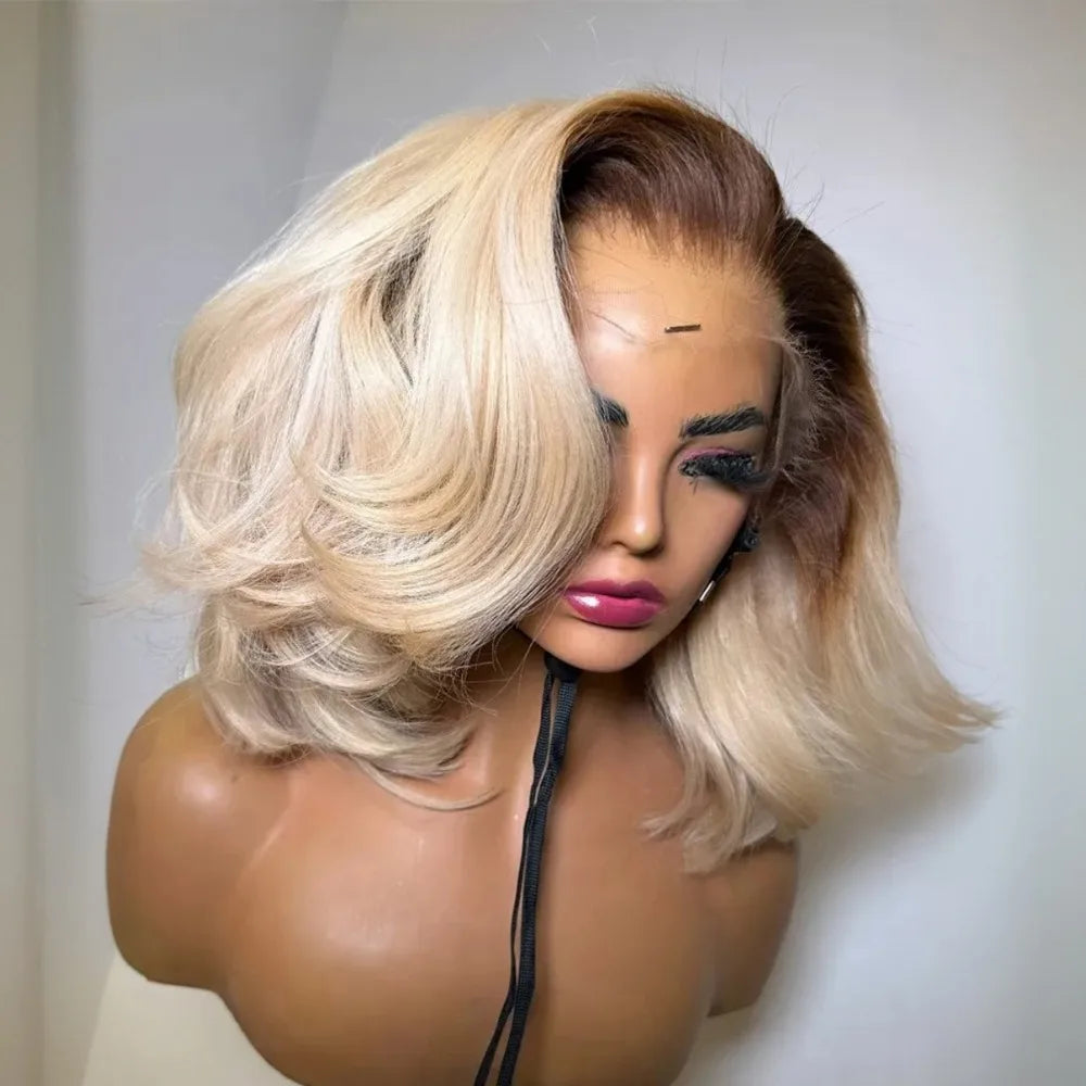 200 Density Lace Front Wig Ombre Blonde Short Bob Body Wave Lace Front Wig for Women 13x4 Hd Lace Front Wig Human Hair for Daily