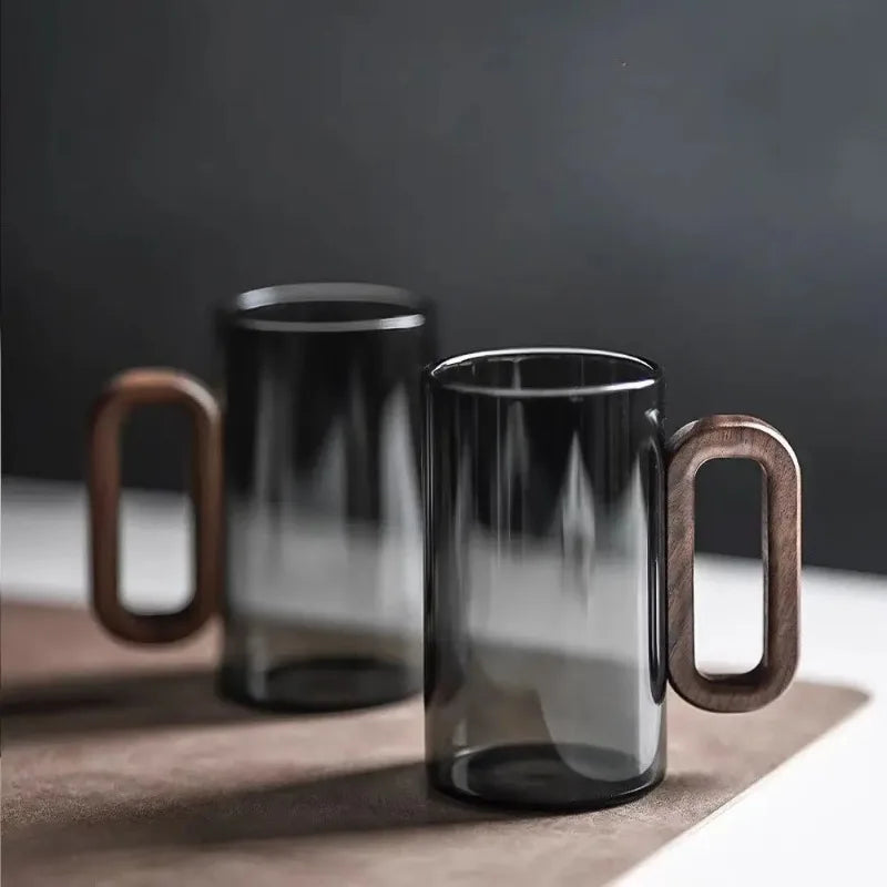 Household Creative Smoke Gray Wooden Handle Glass Mug Single-layer High Borosilicate Heat-resistant Glass Teacups