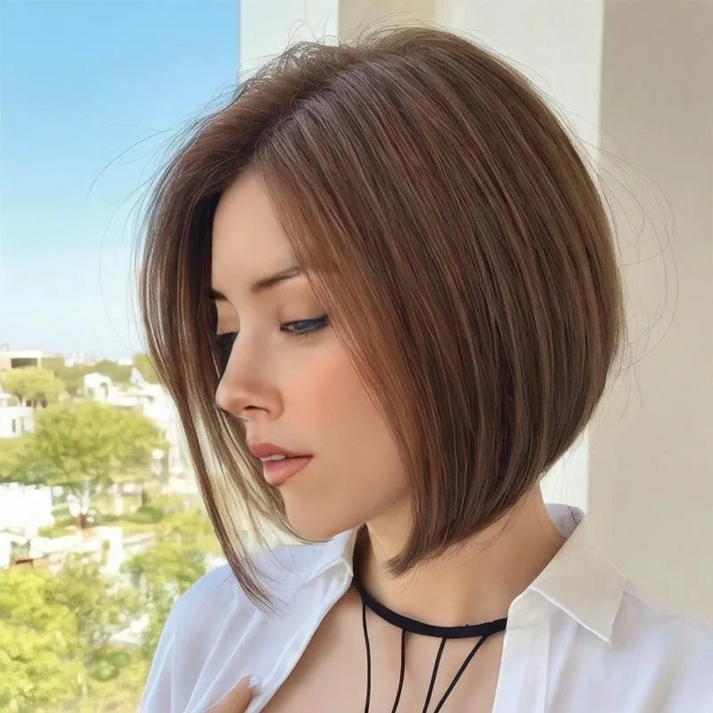 Fashion synthetic fiber wig women's medium short straight bobo head wig mechanism high temperature silk full head cover