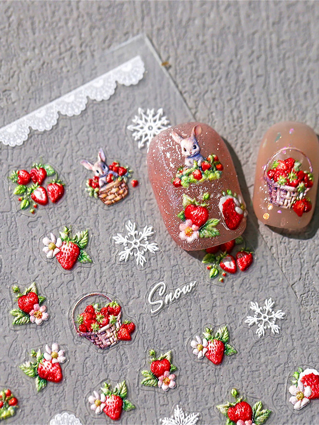 1PCS 5D Easter cute rabbit Stickers Lovely  Red Strawberry  Soft Embossed Reliefs Self Adhesive Nail Stickers Manicure Decals