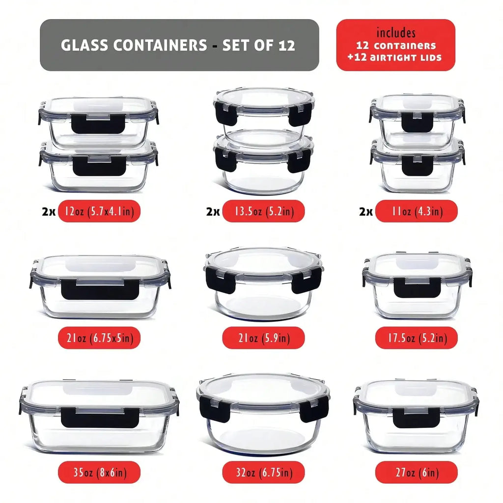 12-piece set of glass food storage containers with lids, airtight leak-proof glass lunch boxes, various sizes and shapes