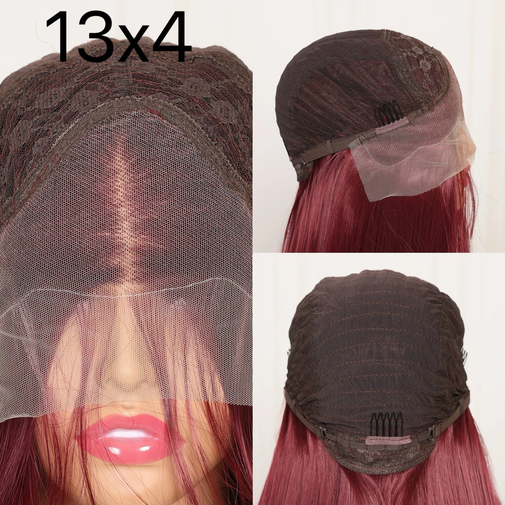99J Red Burgundy Color Loose Wave 13X4 Lace Frontal Synthetic Wig For Women Natural Hairline Baby Hair Preplucked Bleach Knots