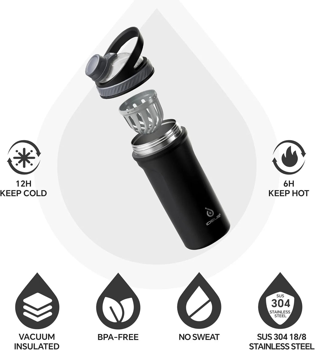 Ideus Protein Milkshake Bottle, Insulated Stainless Steel High-Temperature Resistant Shaker Cup With Silent Tritan Material Ball