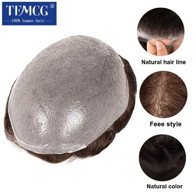 Male Hair Prosthesis Skin 0.02mm Base Toupee Men Wig 100% Human Hair Undetectable Replacement Systems Men's Capillary Prothesis