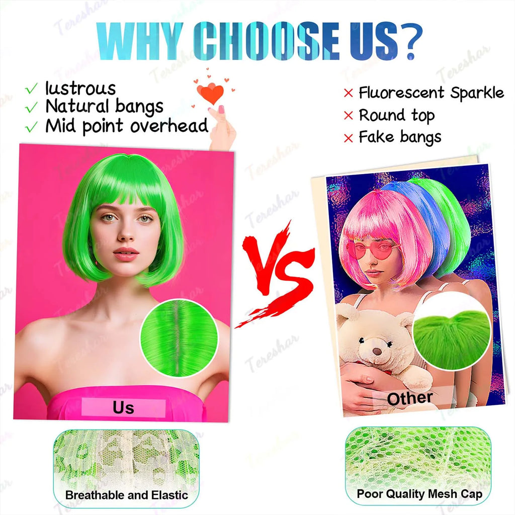 Synthetic Hot Pink Bob Wig+Sunglasses for Women Short Straight Neon Bob Wig with Bangs, 12" Colorful Funny Wig for Party Cosplay