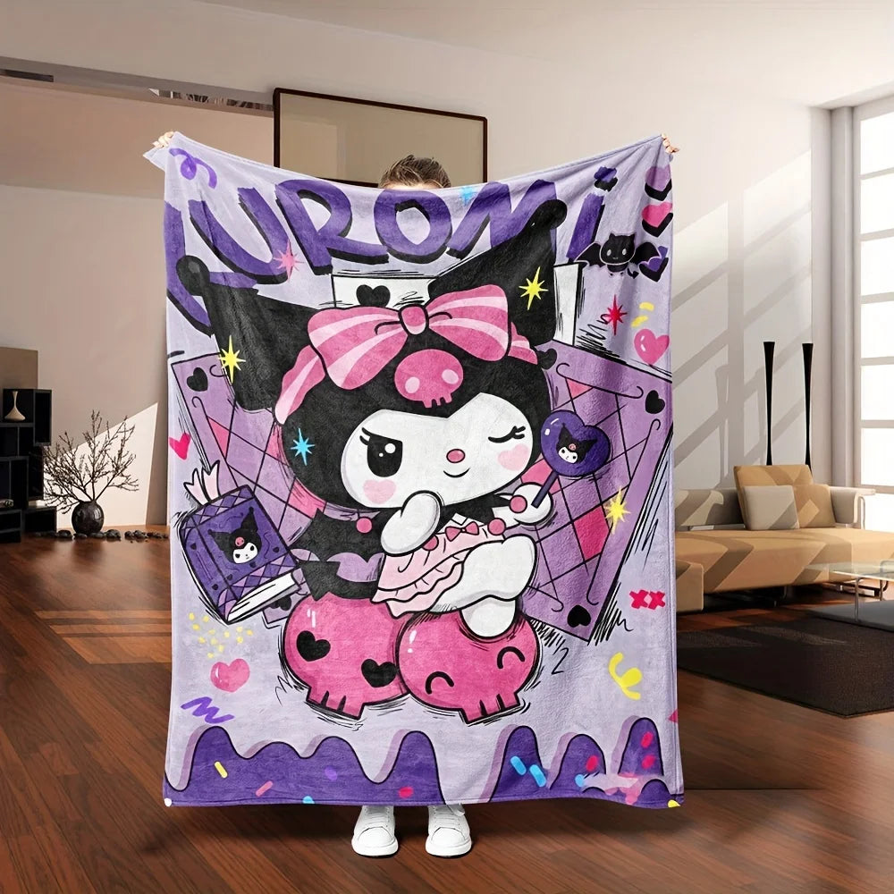 1 Purple Kuromi Flannel Blanket 2D Single Print Soft Fluffy Warm Couch Bed Living Room Bedroom Home Decor Gift Daily Use Blanket