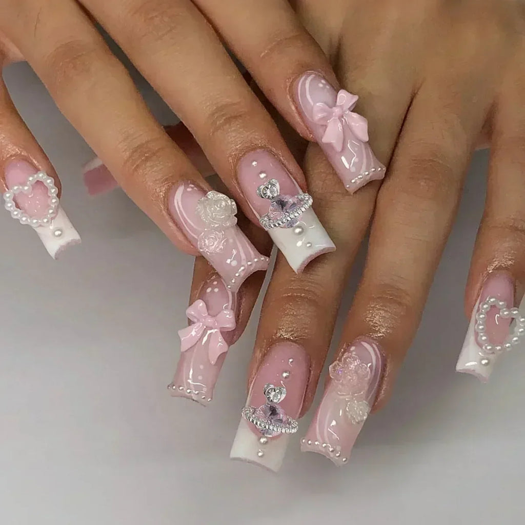 10Pcs Long French Fake Nails with Glue Ballet False Nails Butterfly Rhinestone Design Press on Nails Wearable Coffin Nail Tips