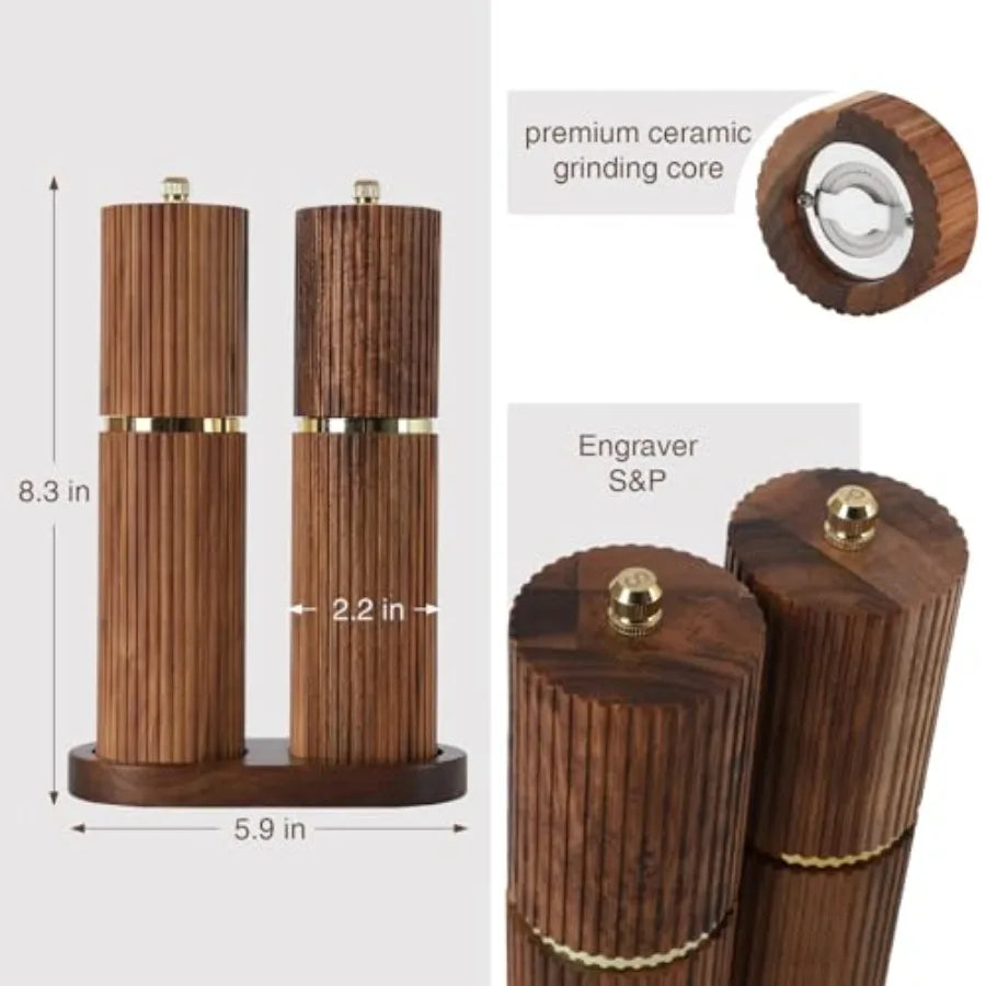 Refillable Wooden Salt and Pepper Grinder Set with Adjustable Coarseness Acacia Wood Pepper Mill Manual Matching Wooden Tray Bl