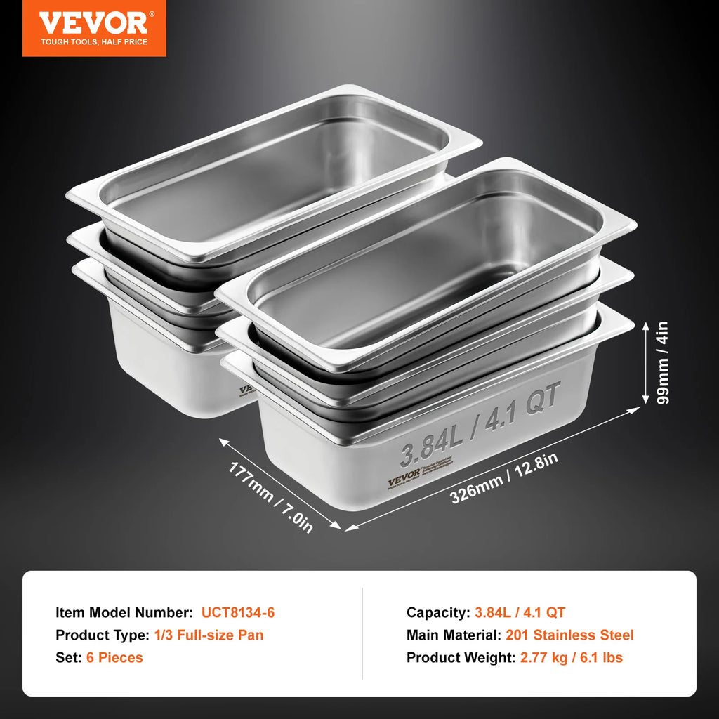 SucceBuy 6 Pack Buffet Chafing Dishes 3.8L Gastronorm Pans Steam Table Pans Tray Stainless Steel Food Container for Party BBQ