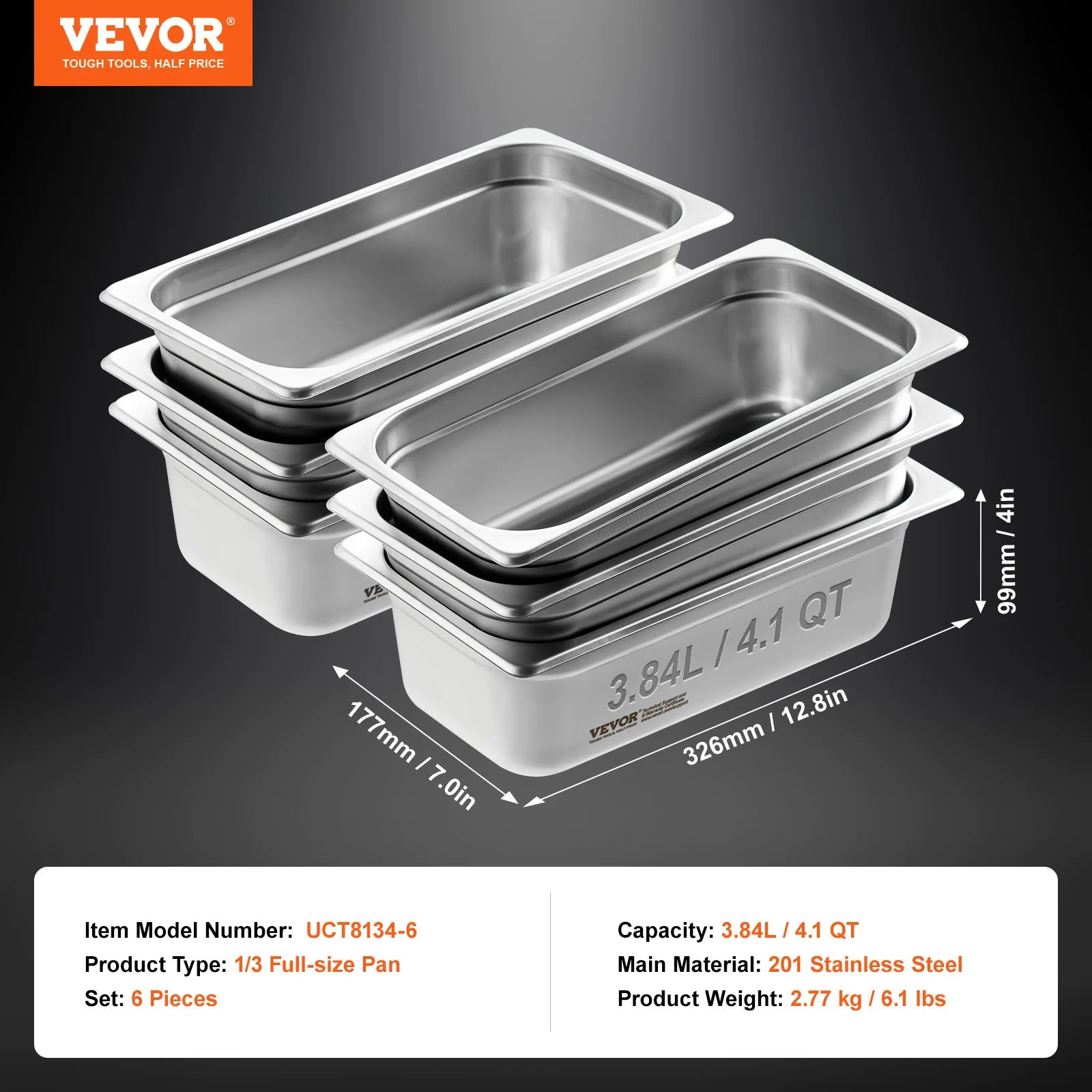 SucceBuy 6 Pack Buffet Chafing Dishes 3.8L Gastronorm Pans Steam Table Pans Tray Stainless Steel Food Container for Party BBQ