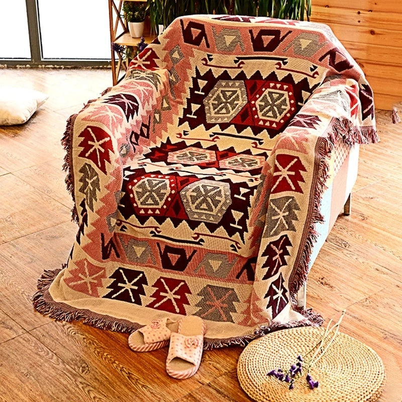 Retro Plaid Winter Cotton Linen Woven Line Blanket Sofa Towel Knit Thickened Warm Pad Mat Bohemian Boho Throw Travel Bedspread