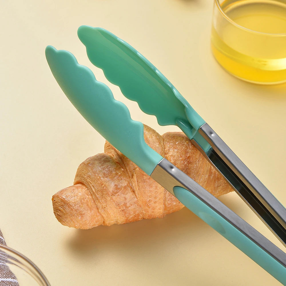 Silicone BBQ Grilling Tong Kitchen Cooking Salad Bread Serving Tong Non-Stick Barbecue Clip Clamp Stainless Steel Tools Gadgets
