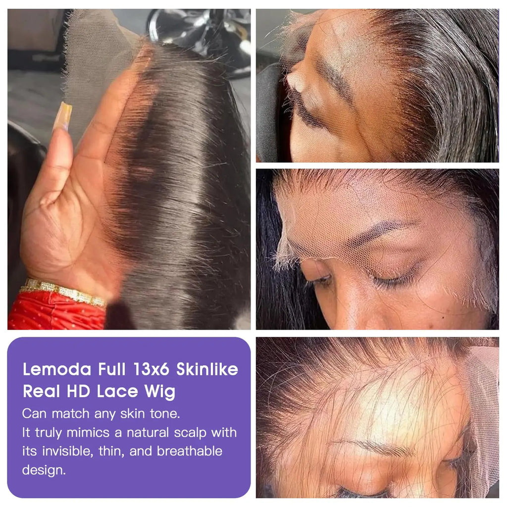 Lemoda Full 13x6 SKINLIKE Real HD Lace Full Frontal Wigs 15A Brazilian Straight Virgin Human Hair Wigs 200% Density Frayed Ends