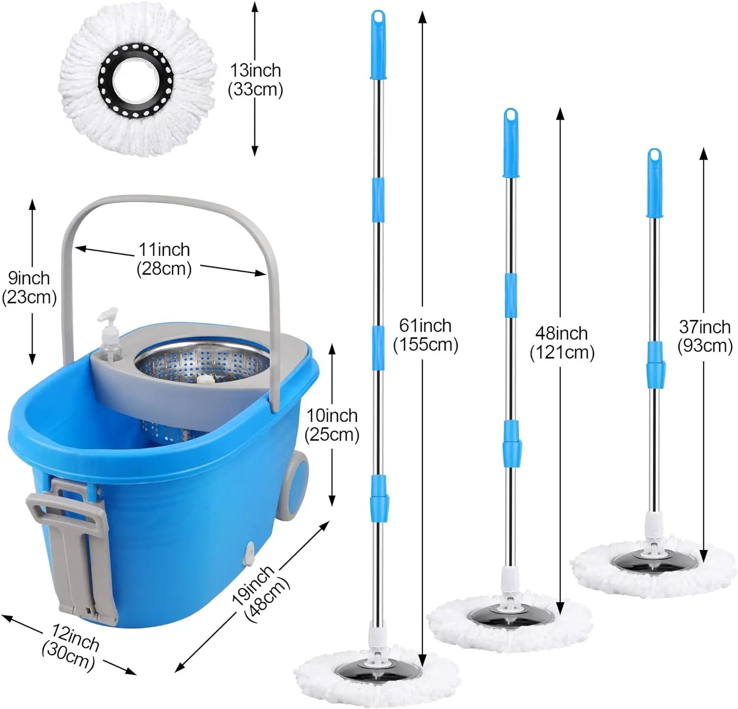 Blue Spin Mop Bucket Sets 360° Spinning Cleaning Tools with 3 Microfiber Replacement Heads, 61" Extended Handle Household Item