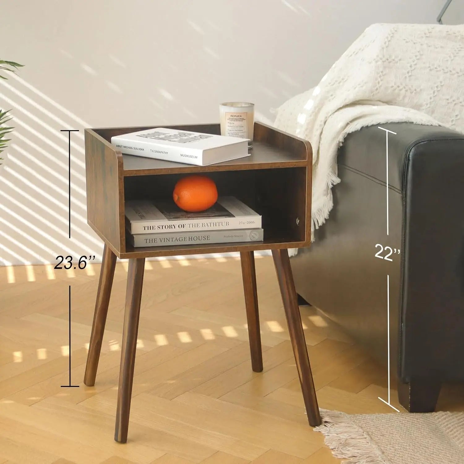 Mid Century Modern Side Table Bedroom with Storage, Small End Bedside Table with Solid Wood Legs for Living Room, Office Small S